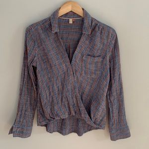 Pilcro Anthropologie Faux Wrap Long Sleeve Striped Cotton Top Size Small